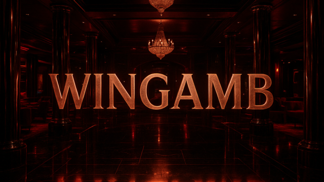 Wingamb casino lobby with illuminated WINGAMB sign, black marble, and crimson lighting