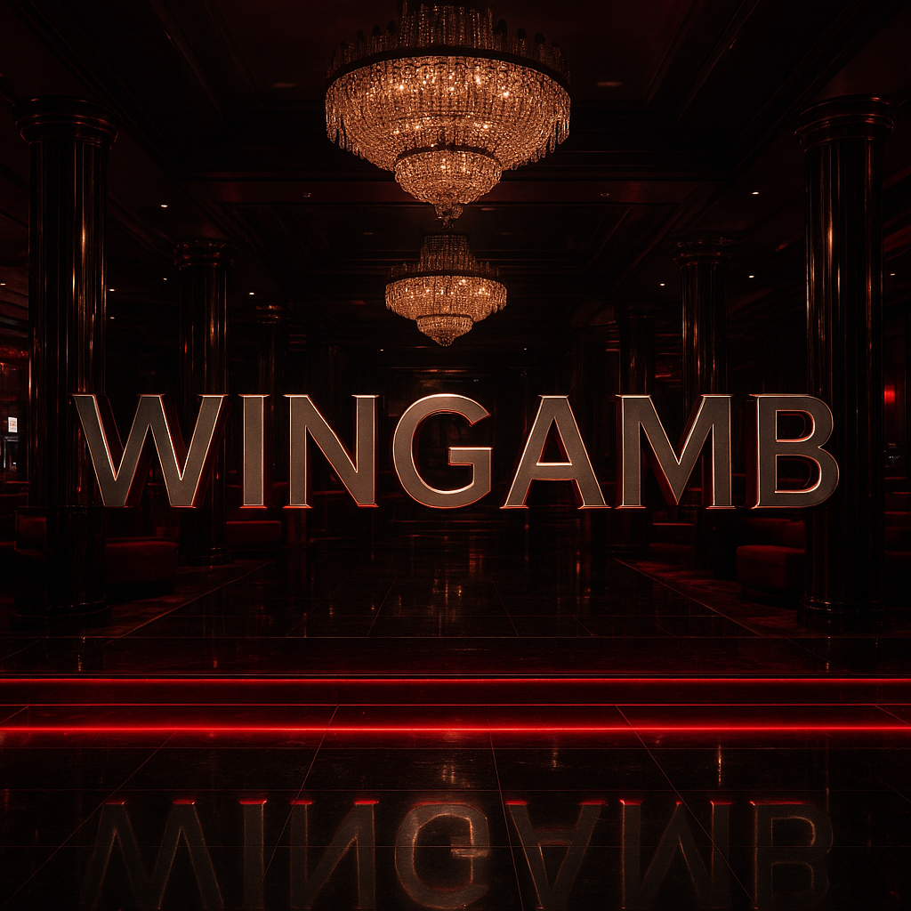 Wingamb casino lobby with illuminated WINGAMB sign, black marble, and crimson lighting - hero