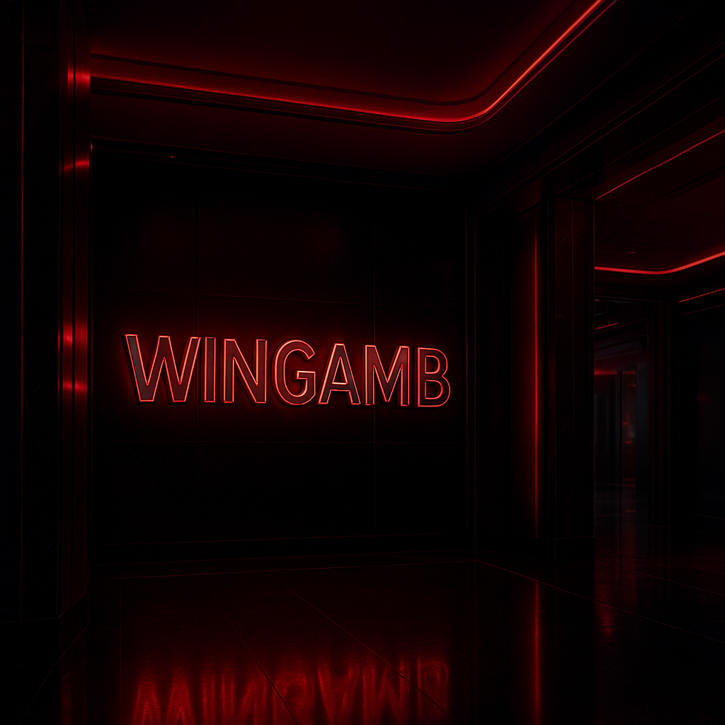 Wingamb illuminated letters at a luxury casino entrance with red and black tones - hero